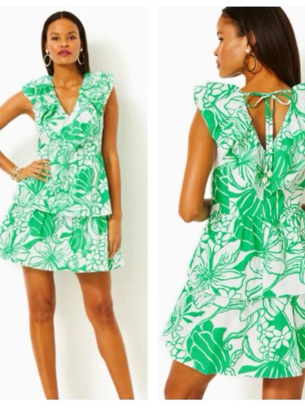 Lilly Pulitzer Green And White Floral V-Neck Ruffle Mini Dress